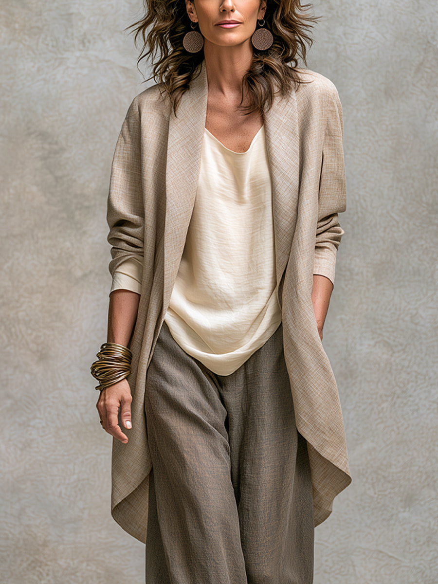 Costanza | Conjunto de Tres Piezas Beige y Gris, Casual en Capas, con Pantalón Palazzo, Elegante