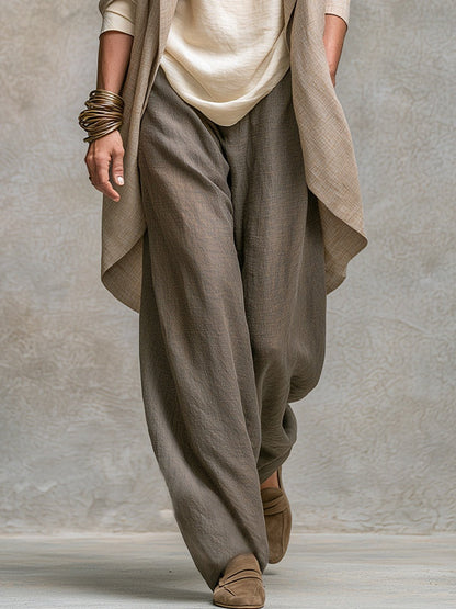 Costanza | Conjunto de Tres Piezas Beige y Gris, Casual en Capas, con Pantalón Palazzo, Elegante