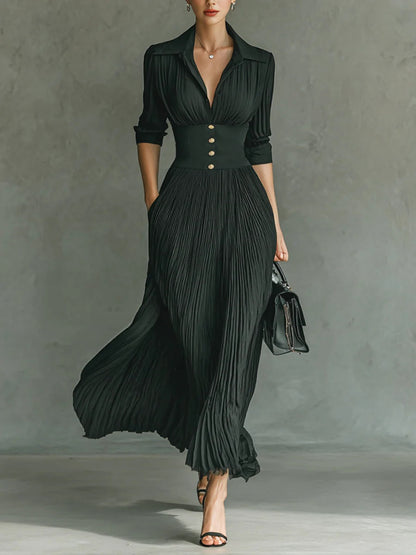 Elvire | Robe Longue Plissée à Revers et Taille Haute