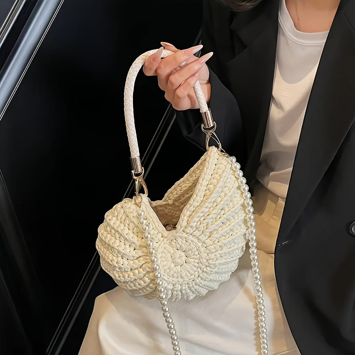 Tamara | Sac Cabas Tressé avec Bandoulière Chaîne - Blanc Crème