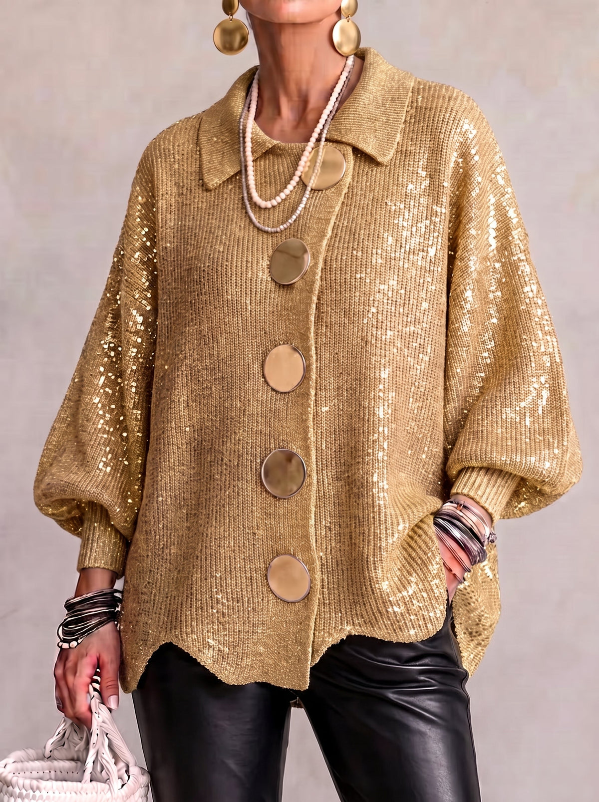 Yvanna | Cardigan Oversize Col Pointu et Grands Boutons Métalliques