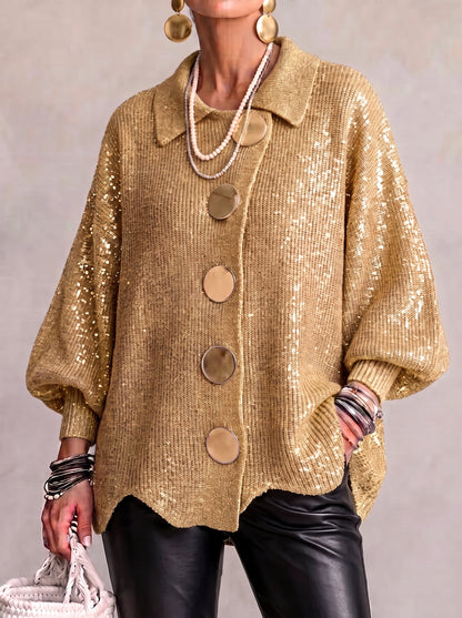 Yvanna | Cardigan Oversize Col Pointu et Grands Boutons Métalliques