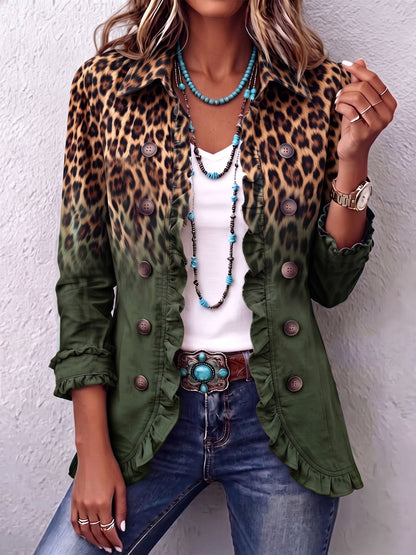 Béatrice | Blazer Léopard Dégradé Turquoise à Volants